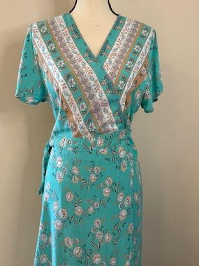 Zesica teal & tan boho feminine floral wrap dress SZ LG